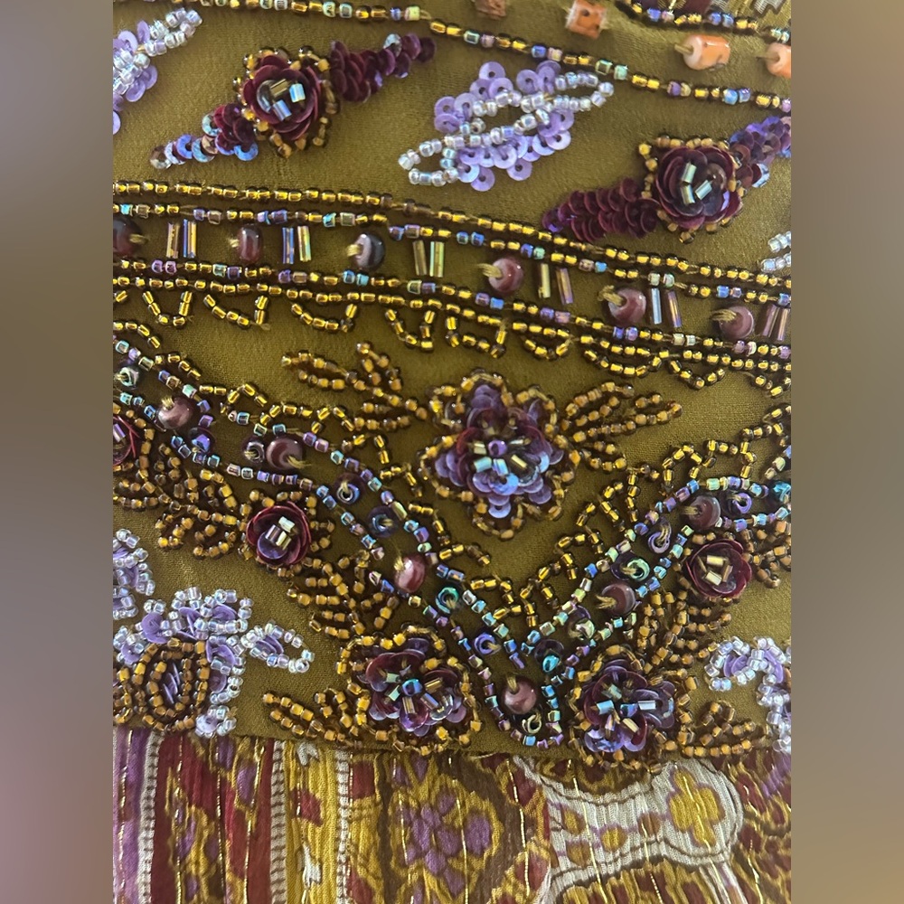 Y2K Vintage Boho Dolce Jovani Silk Beaded Front Slit Earth Tomes Size 4 Dress - Picture 16 of 16